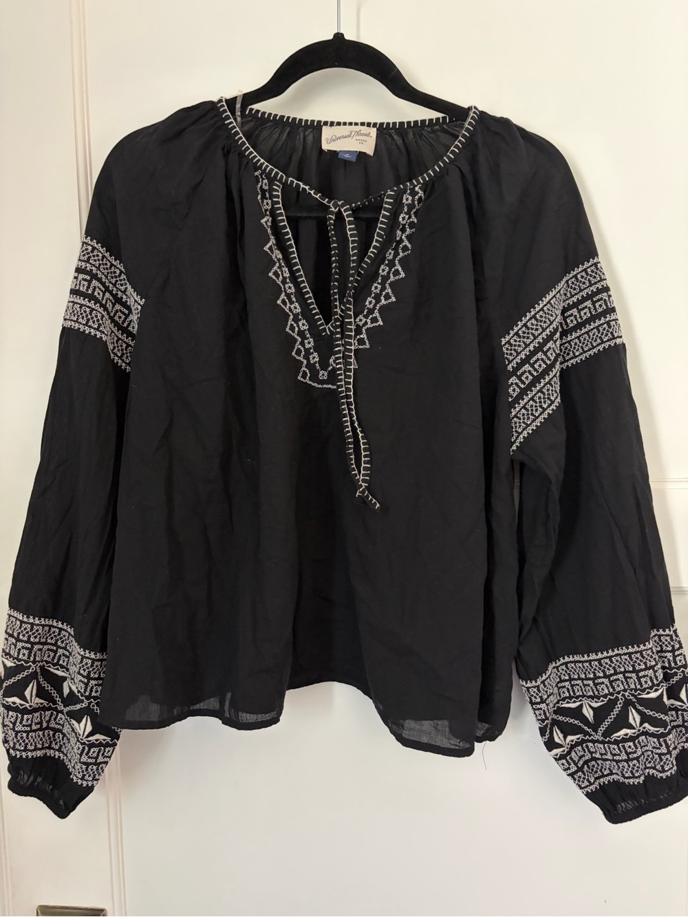 Universal Thread Black Peasant Blouse with White Embroidered Details
